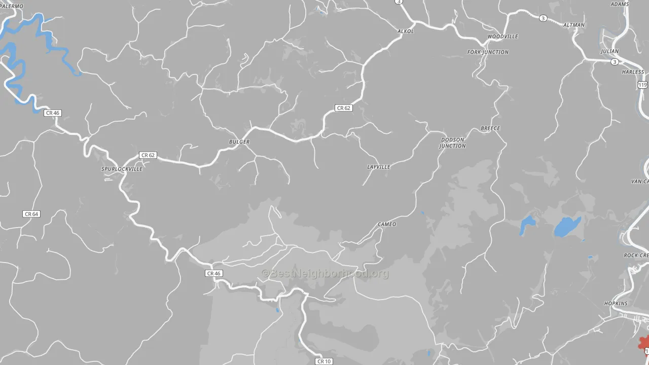 Walk Grade map of 25565, WV, walkable areas in green and car-dependent areas in red