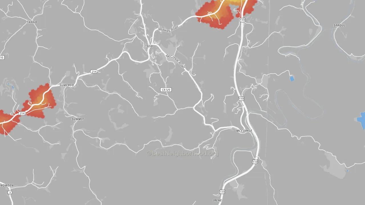 Walk Grade map of 25567, WV, walkable areas in green and car-dependent areas in red