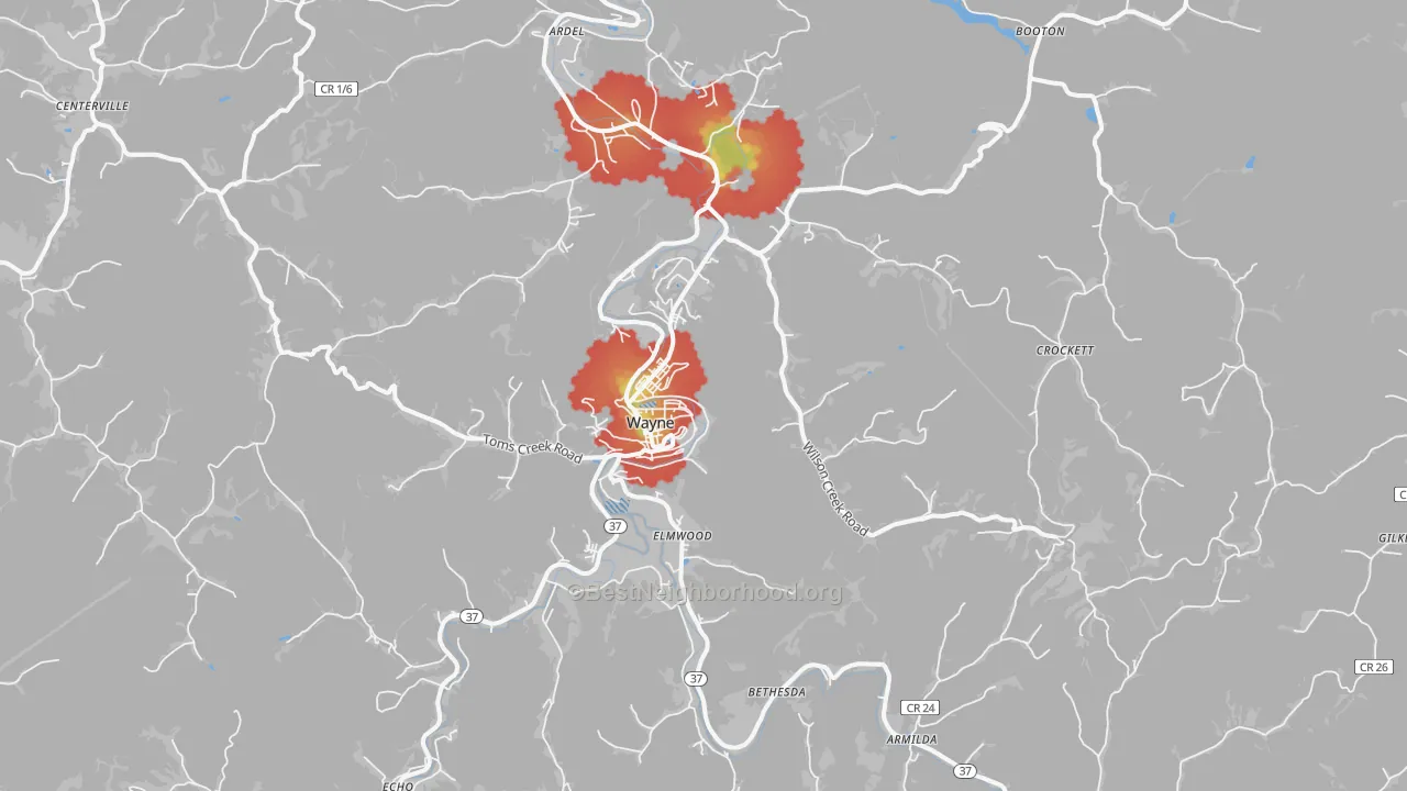 Walk Grade map of 25570, WV, walkable areas in green and car-dependent areas in red