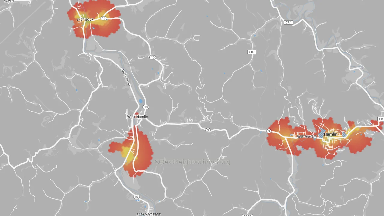 Walk Grade map of 25571, WV, walkable areas in green and car-dependent areas in red