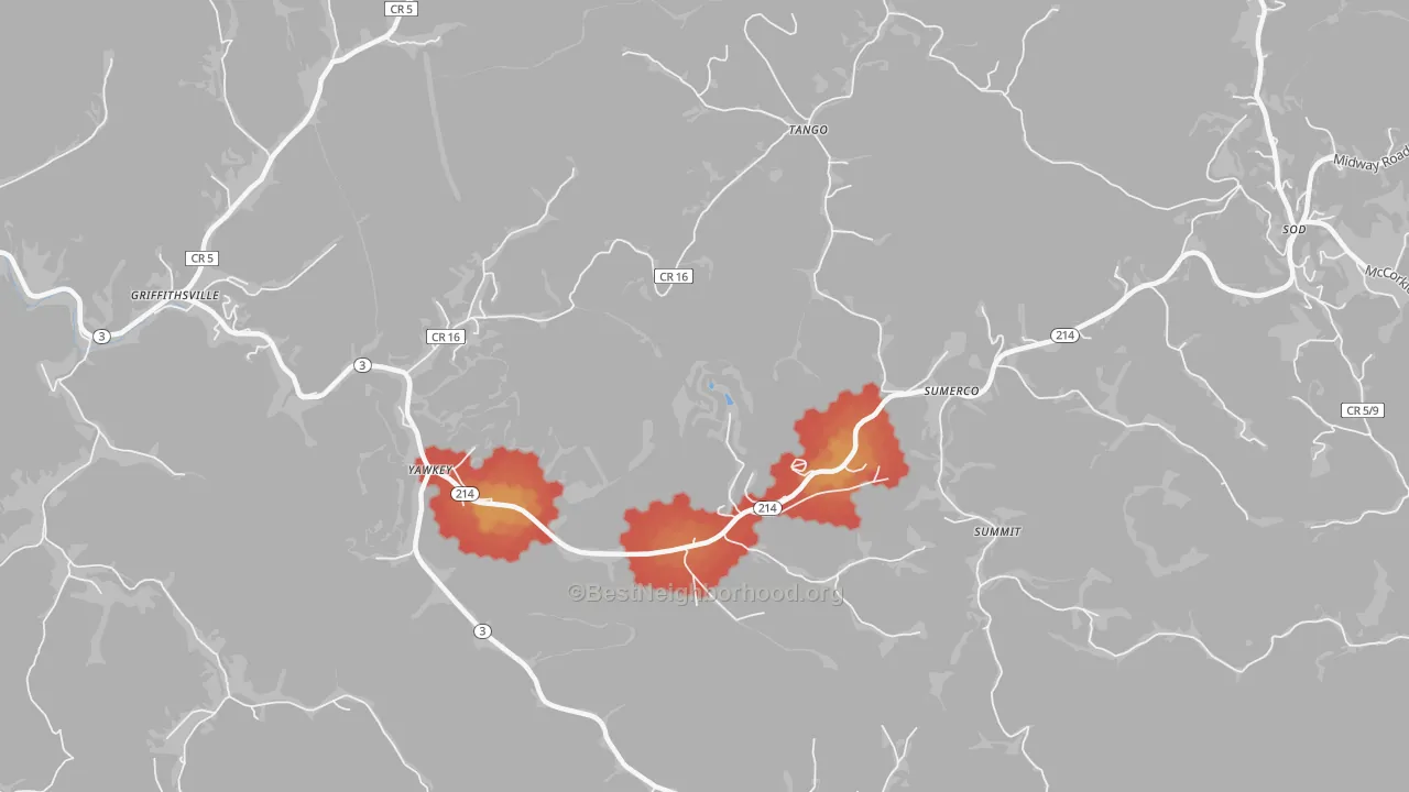 Walk Grade map of 25573, WV, walkable areas in green and car-dependent areas in red