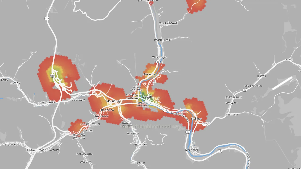 Walk Grade map of 25601, WV, walkable areas in green and car-dependent areas in red