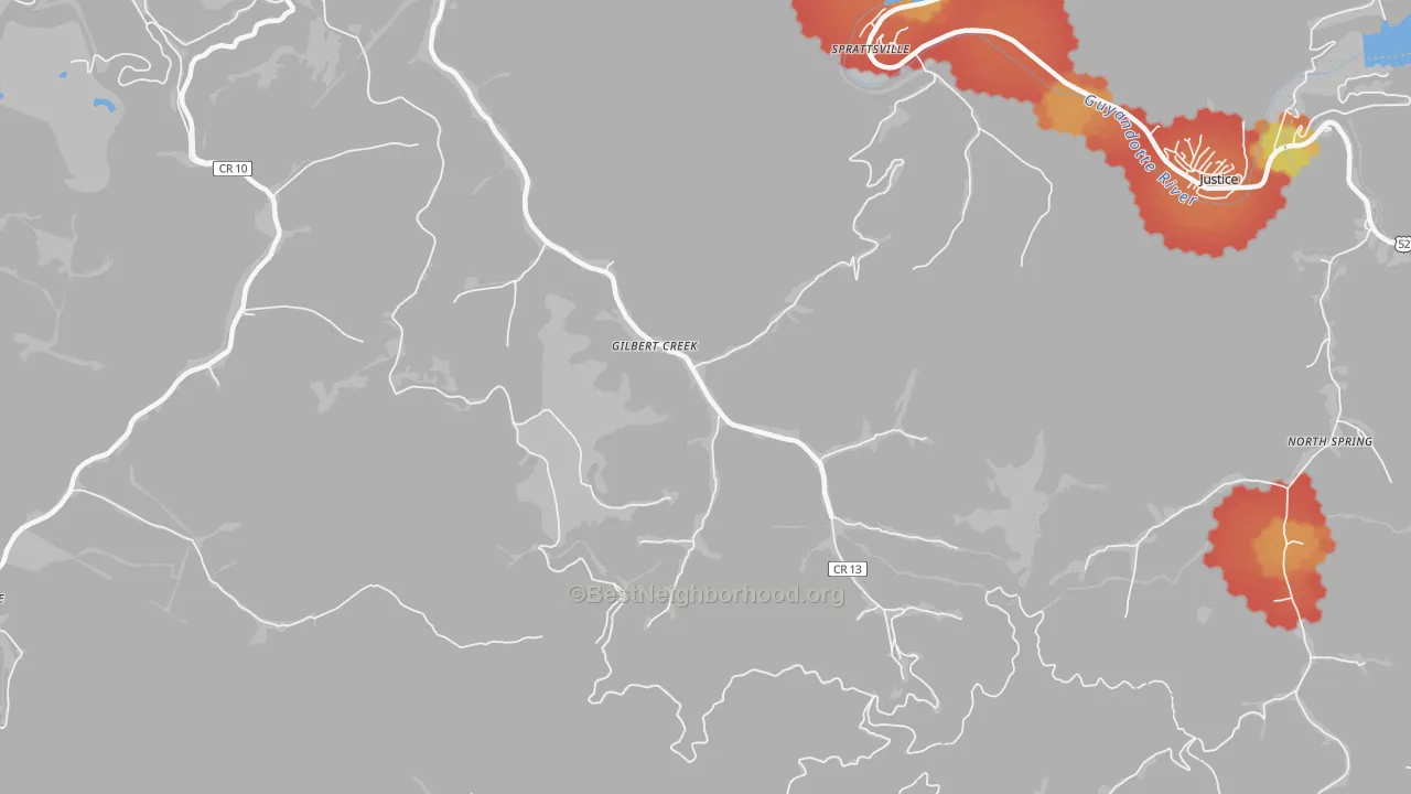 Walk Grade map of 25608, WV, walkable areas in green and car-dependent areas in red