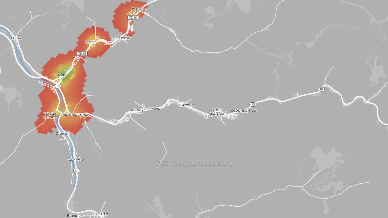 Walk Grade map of 25617, WV, walkable areas in green and car-dependent areas in red