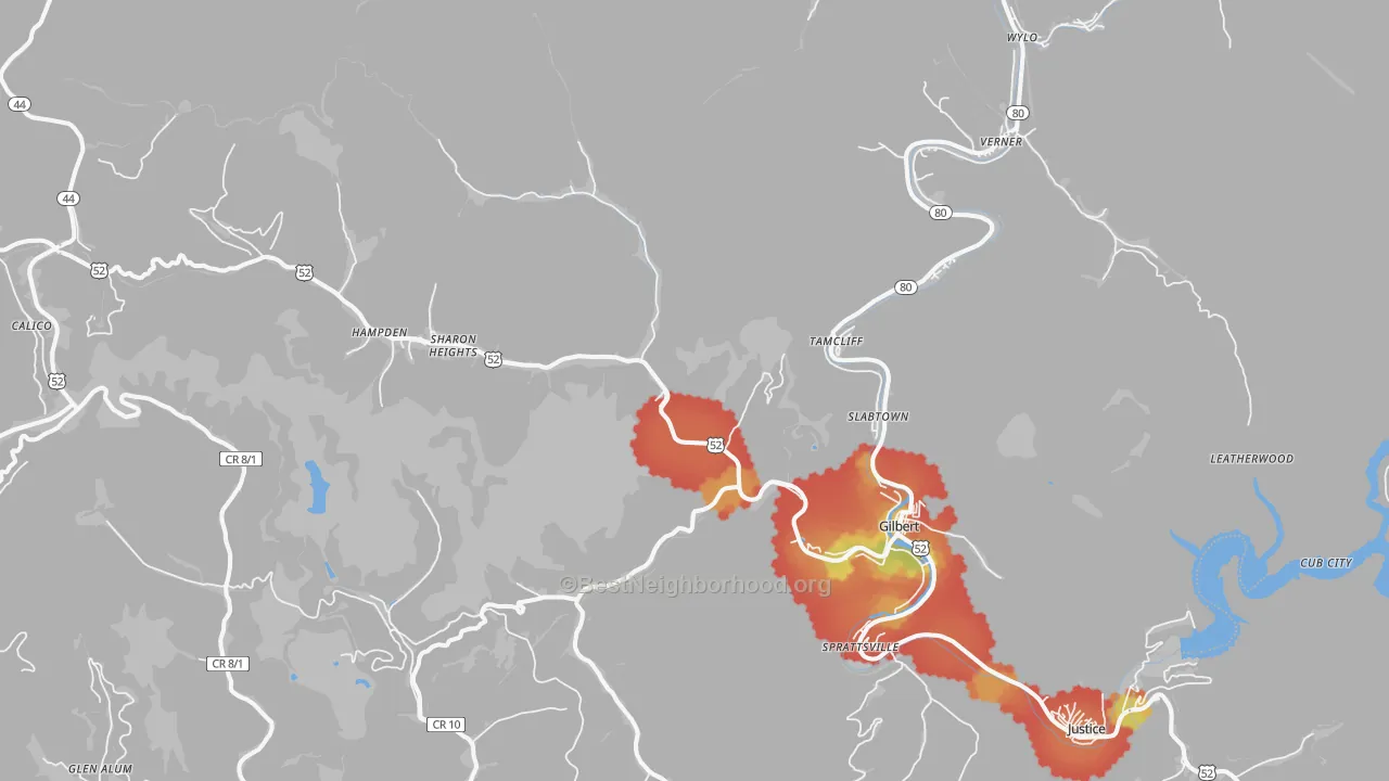 Walk Grade map of 25621, WV, walkable areas in green and car-dependent areas in red