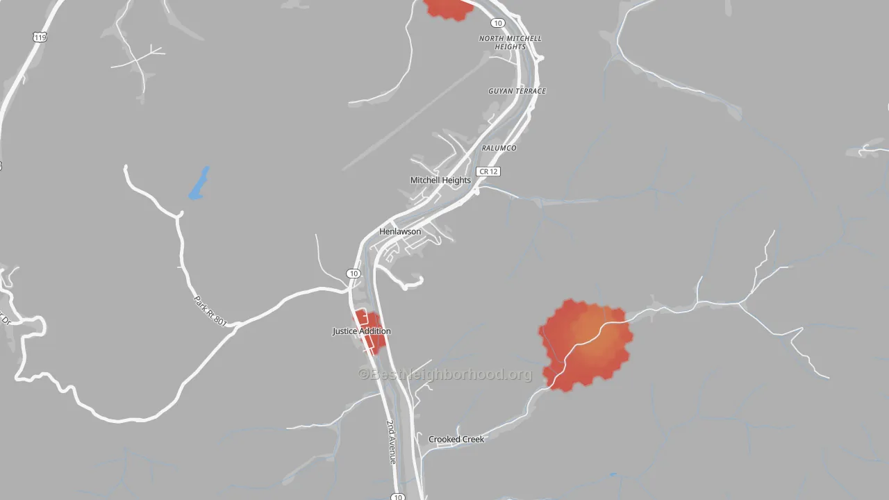 Walk Grade map of 25624, WV, walkable areas in green and car-dependent areas in red