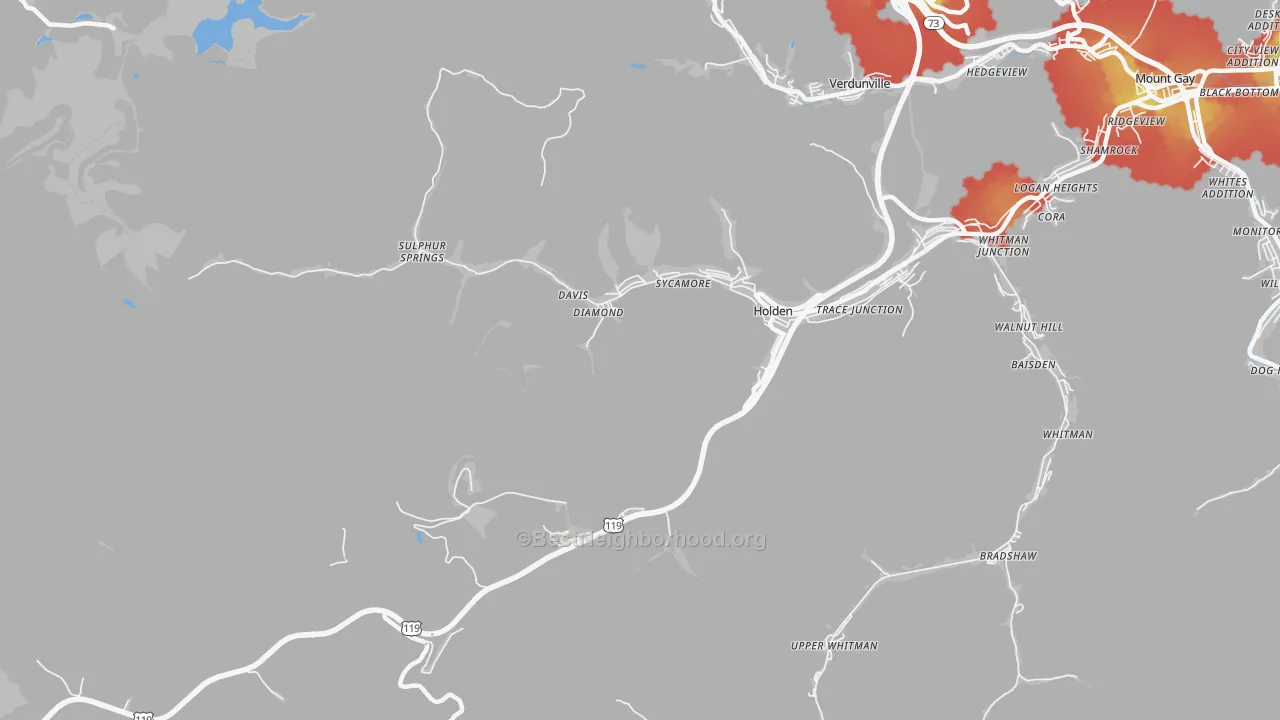 Walk Grade map of 25625, WV, walkable areas in green and car-dependent areas in red
