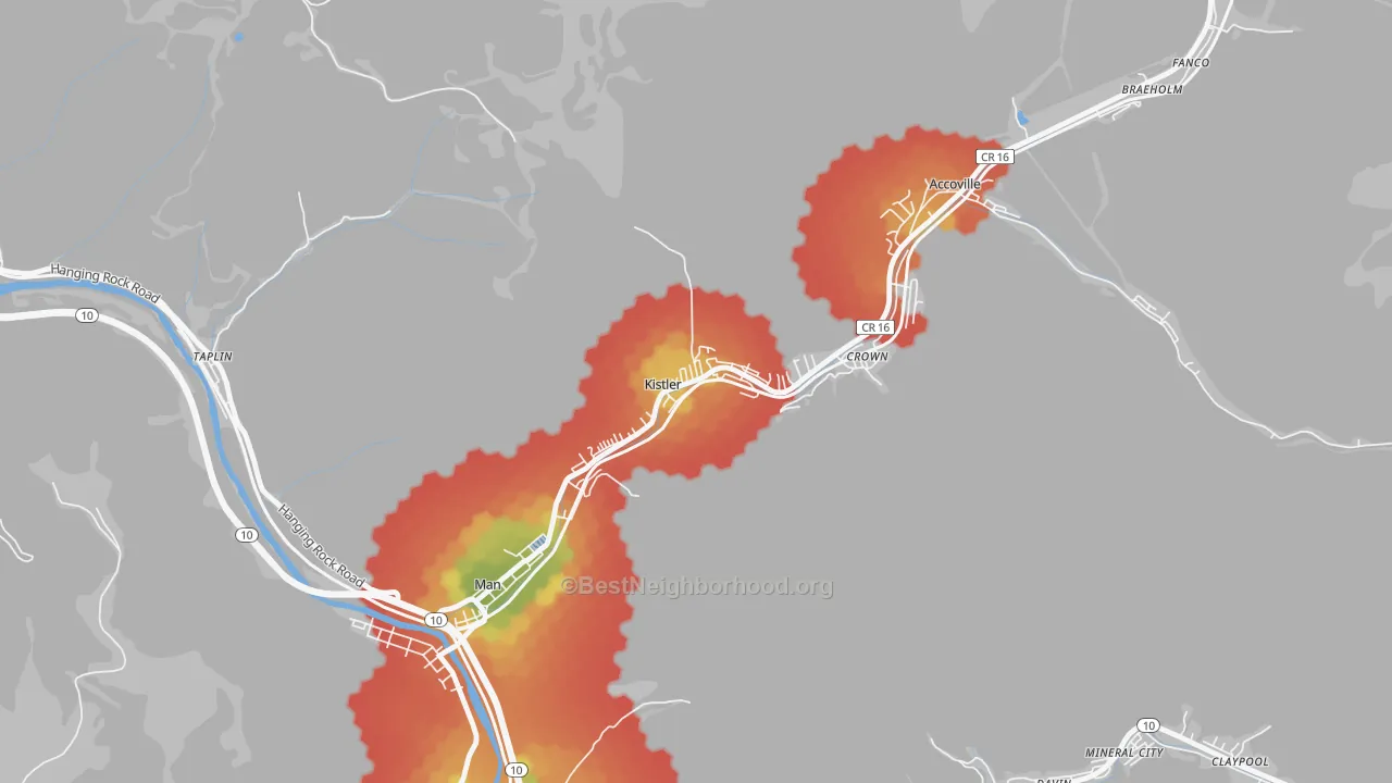 Walk Grade map of 25628, WV, walkable areas in green and car-dependent areas in red