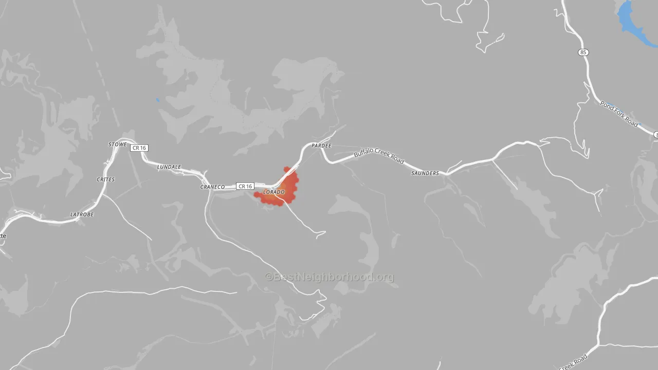 Walk Grade map of 25630, WV, walkable areas in green and car-dependent areas in red