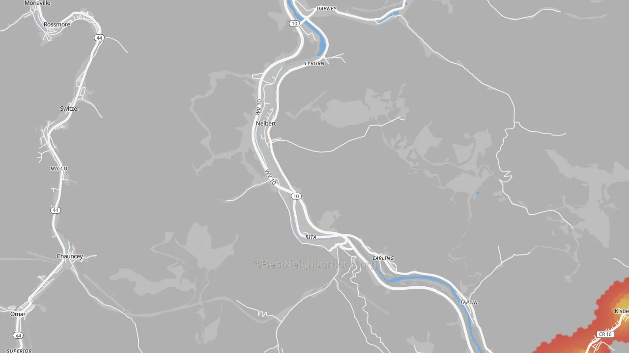 Walk Grade map of 25632, WV, walkable areas in green and car-dependent areas in red