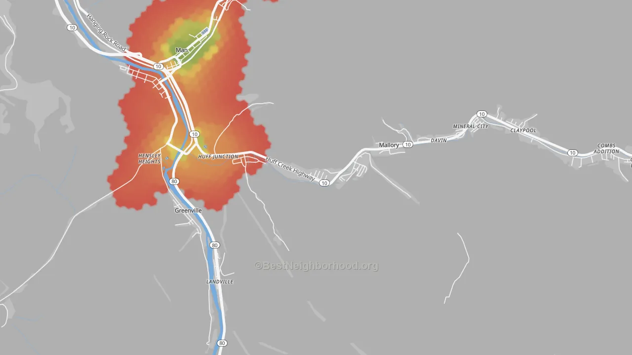 Walk Grade map of 25634, WV, walkable areas in green and car-dependent areas in red