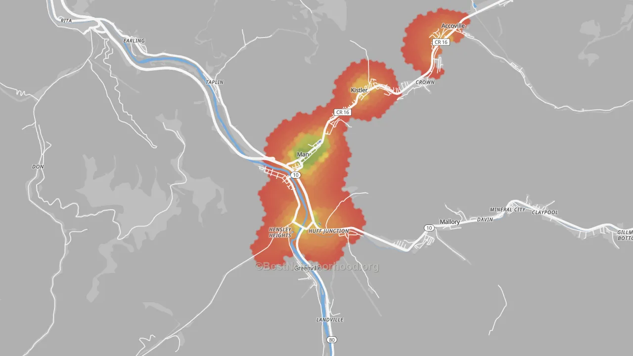Walk Grade map of 25635, WV, walkable areas in green and car-dependent areas in red