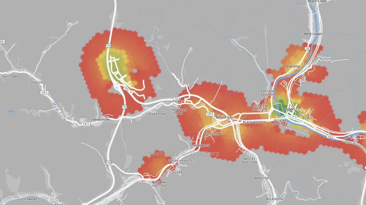 Walk Grade map of 25637, WV, walkable areas in green and car-dependent areas in red