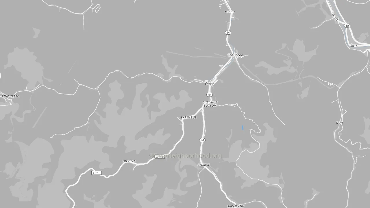 Walk Grade map of 25638, WV, walkable areas in green and car-dependent areas in red