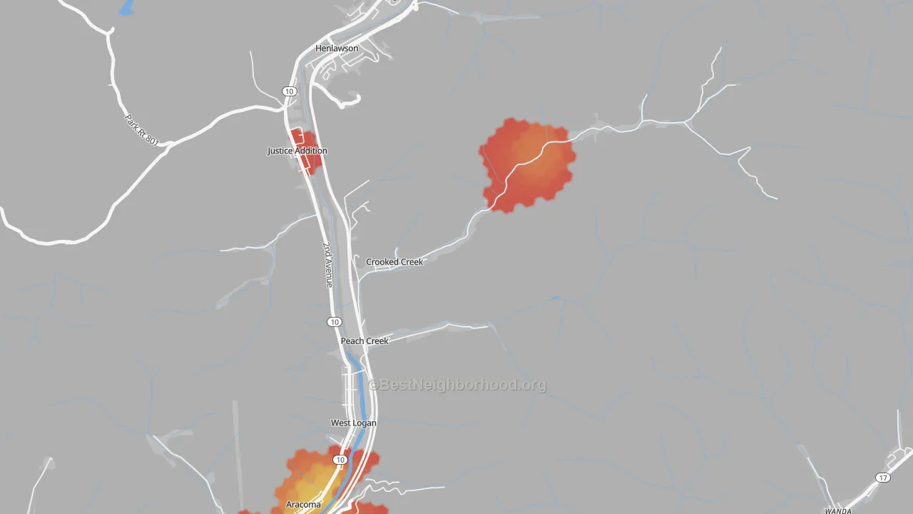 Walk Grade map of 25639, WV, walkable areas in green and car-dependent areas in red