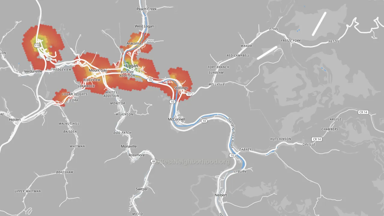 Walk Grade map of 25646, WV, walkable areas in green and car-dependent areas in red