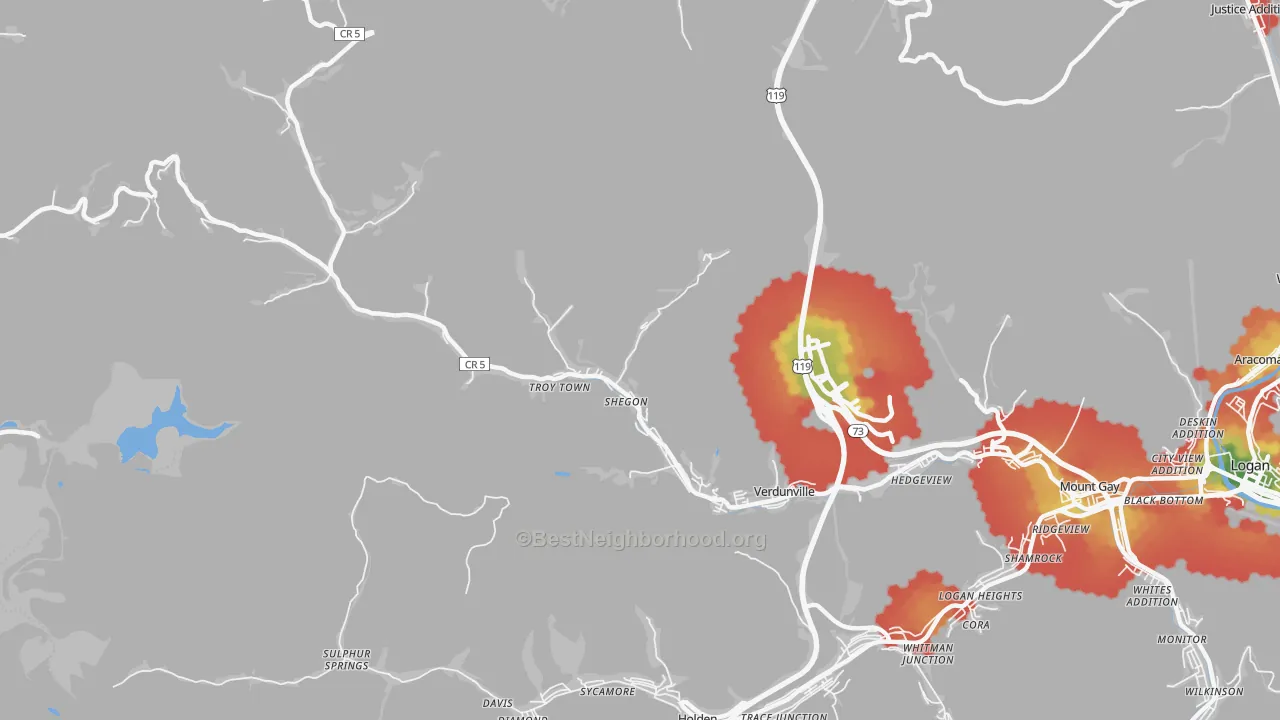 Walk Grade map of 25649, WV, walkable areas in green and car-dependent areas in red