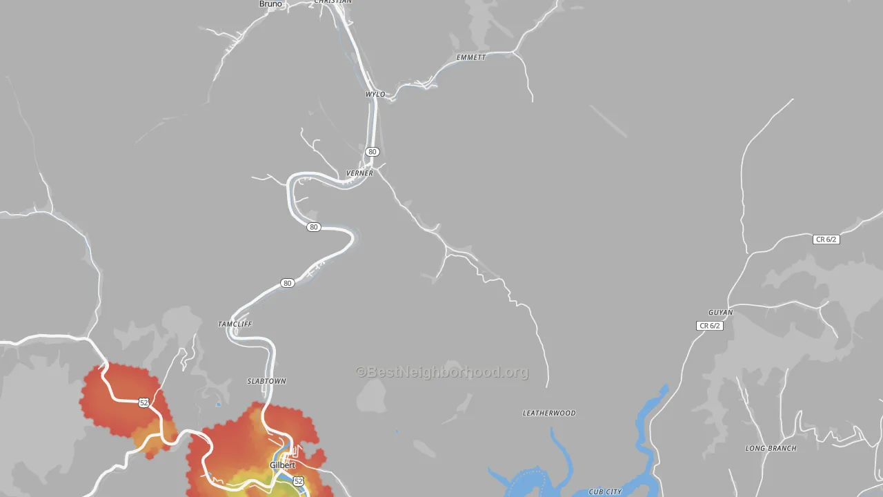 Walk Grade map of 25650, WV, walkable areas in green and car-dependent areas in red
