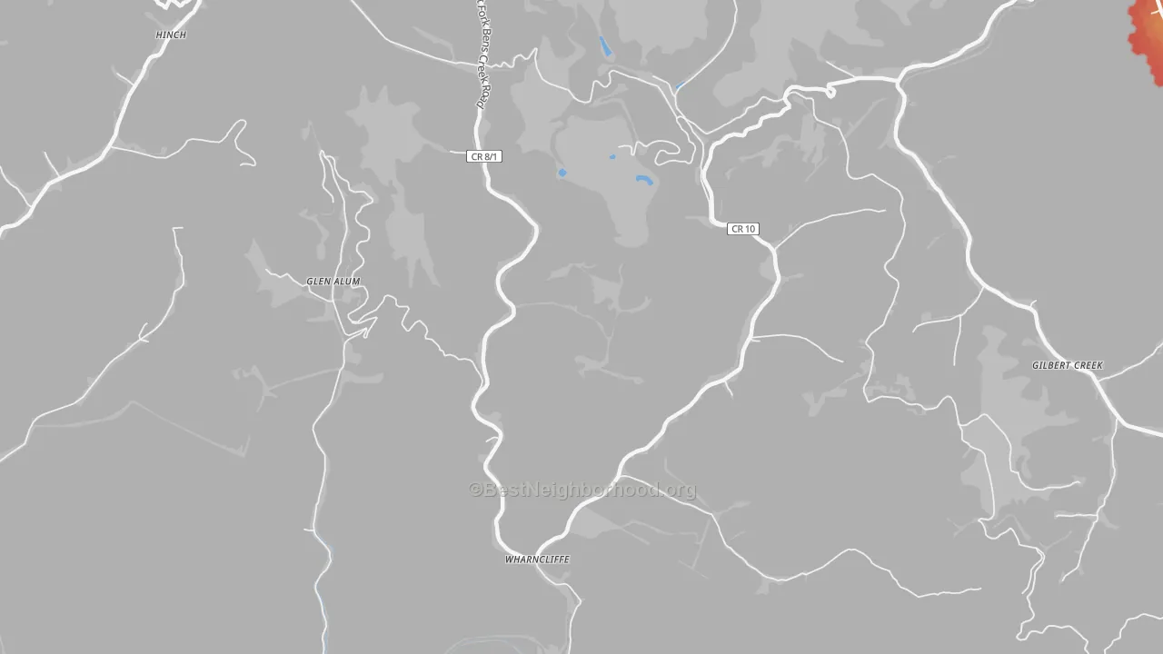 Walk Grade map of 25651, WV, walkable areas in green and car-dependent areas in red