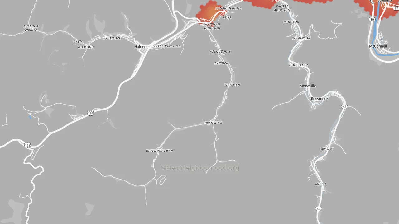 Walk Grade map of 25652, WV, walkable areas in green and car-dependent areas in red