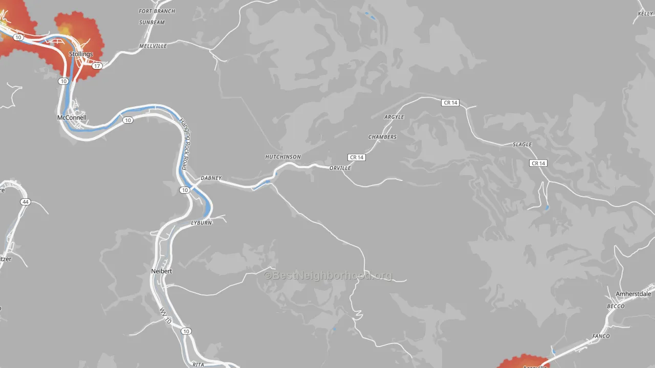Walk Grade map of 25654, WV, walkable areas in green and car-dependent areas in red