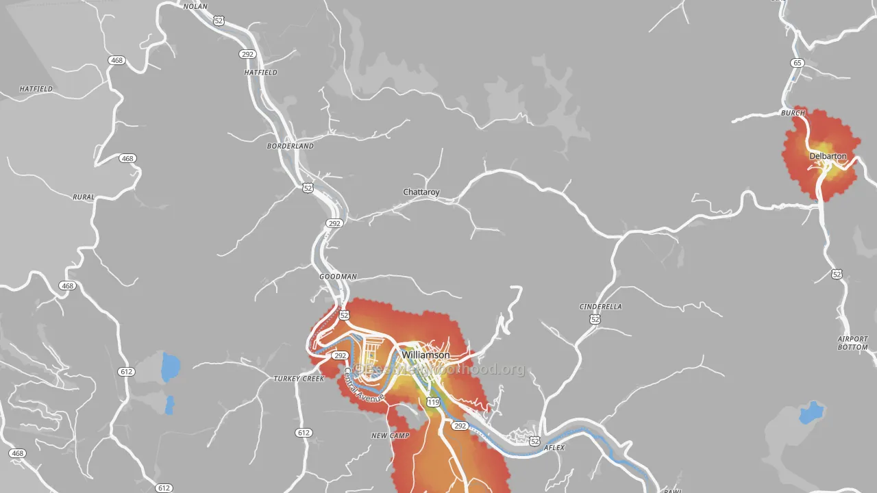 Walk Grade map of 25661, WV, walkable areas in green and car-dependent areas in red