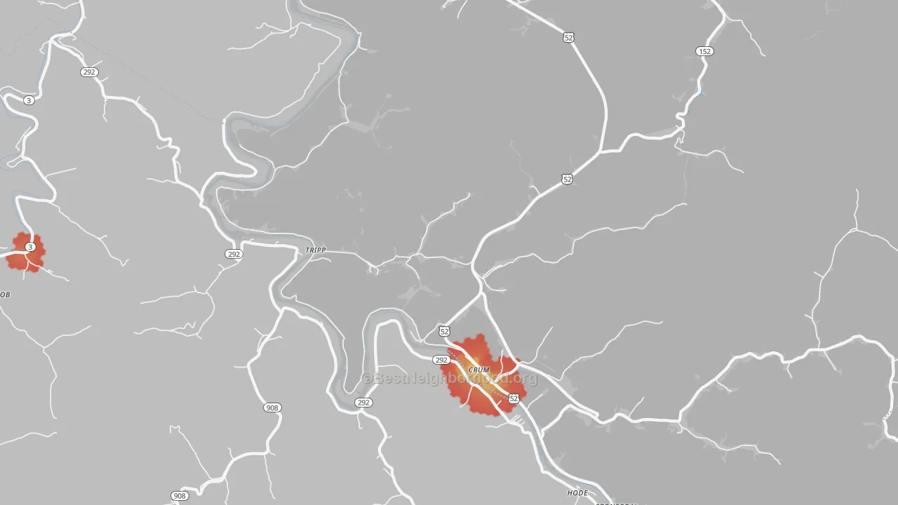 Walk Grade map of 25669, WV, walkable areas in green and car-dependent areas in red