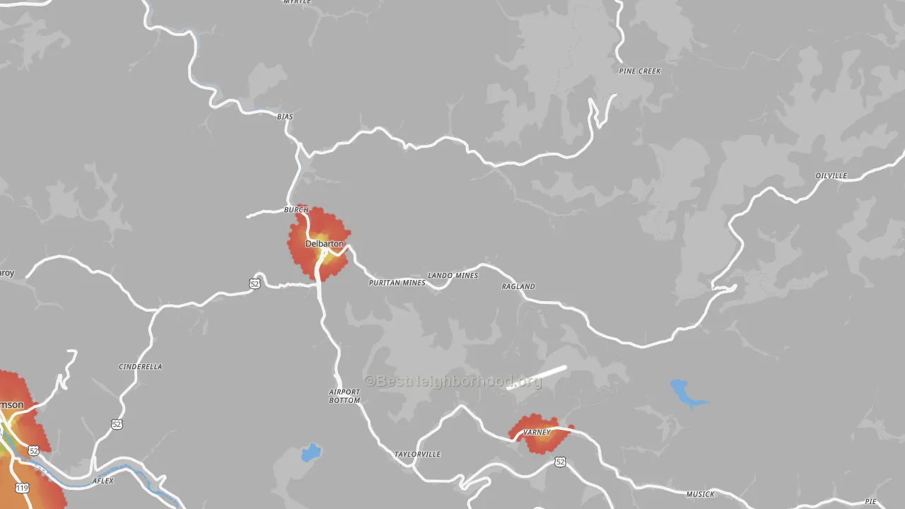 Walk Grade map of 25670, WV, walkable areas in green and car-dependent areas in red