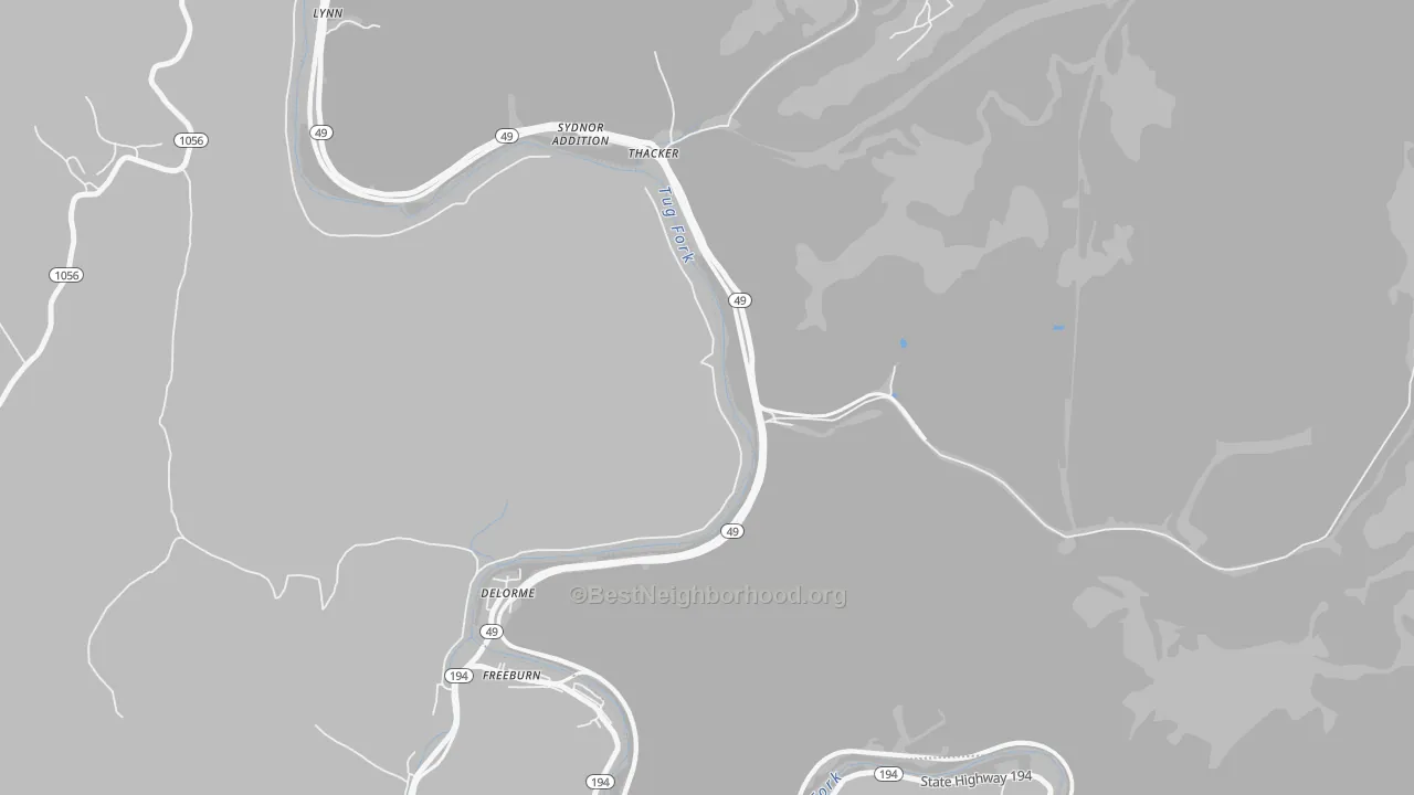 Walk Grade map of 25672, WV, walkable areas in green and car-dependent areas in red