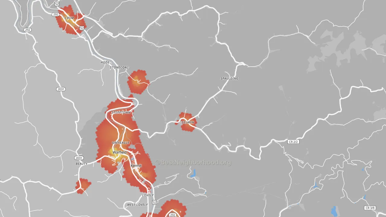 Walk Grade map of 25674, WV, walkable areas in green and car-dependent areas in red