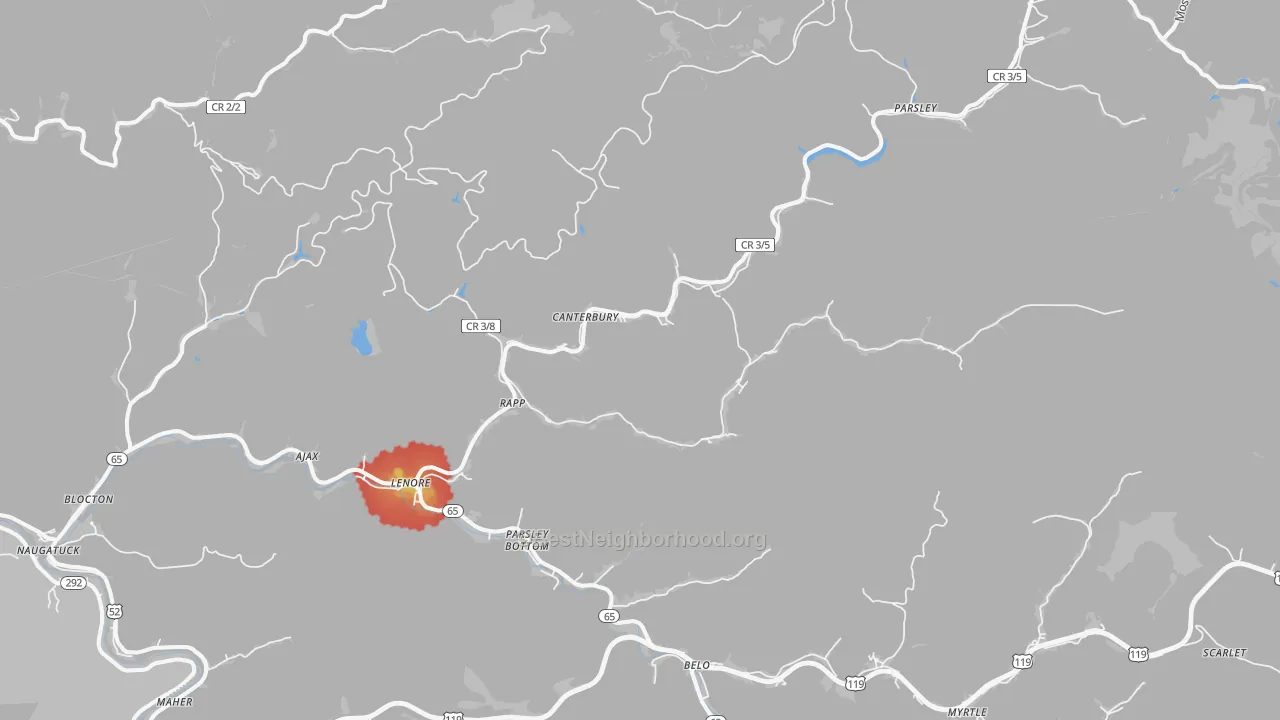 Walk Grade map of 25676, WV, walkable areas in green and car-dependent areas in red