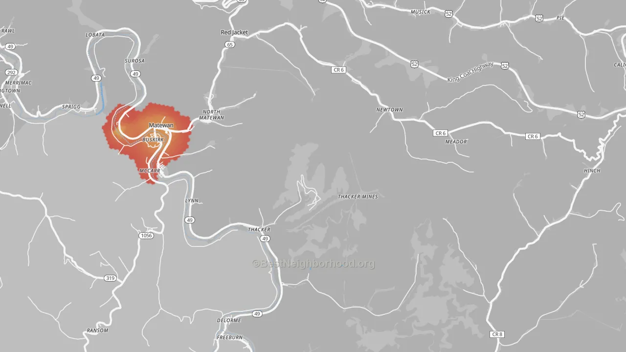 Walk Grade map of 25678, WV, walkable areas in green and car-dependent areas in red