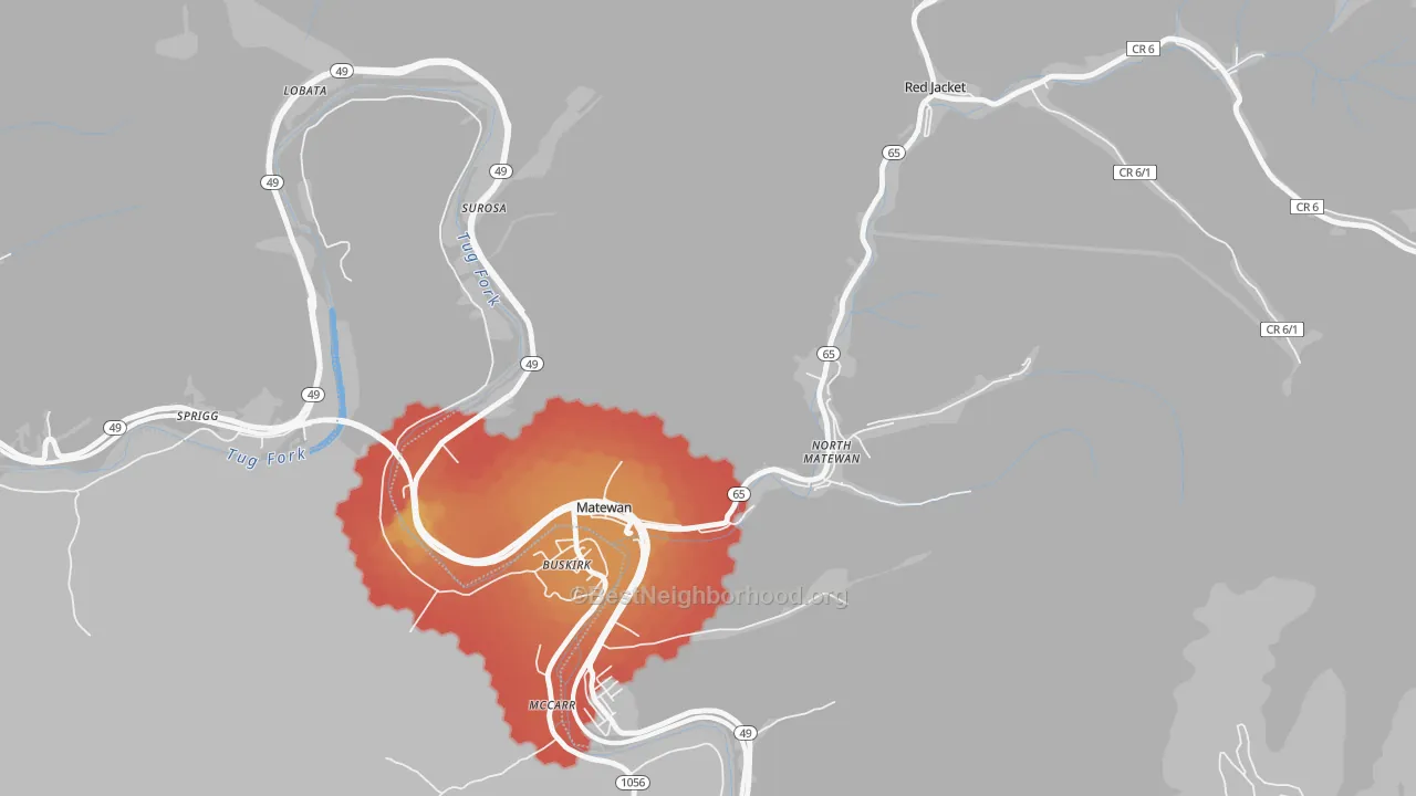 Walk Grade map of 25688, WV, walkable areas in green and car-dependent areas in red