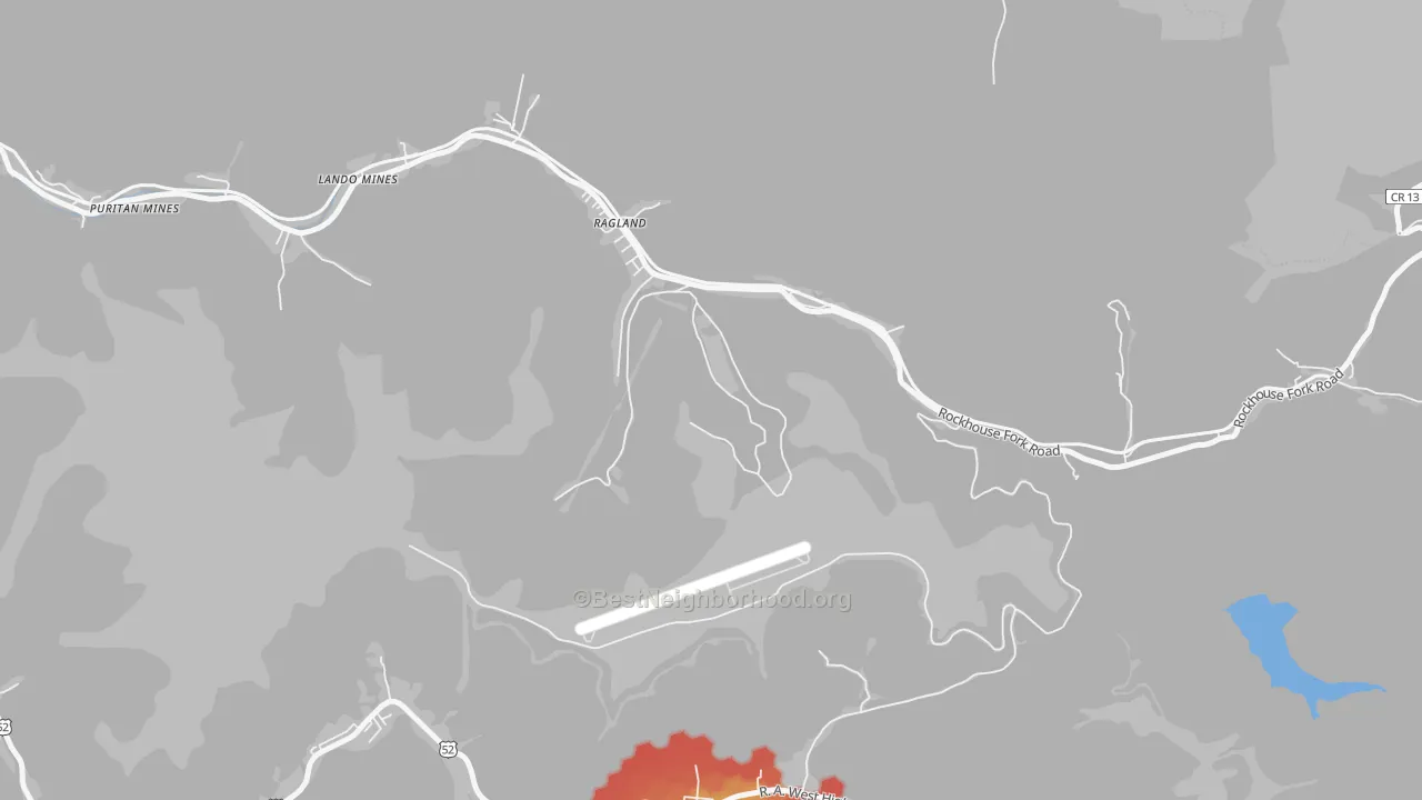 Walk Grade map of 25690, WV, walkable areas in green and car-dependent areas in red