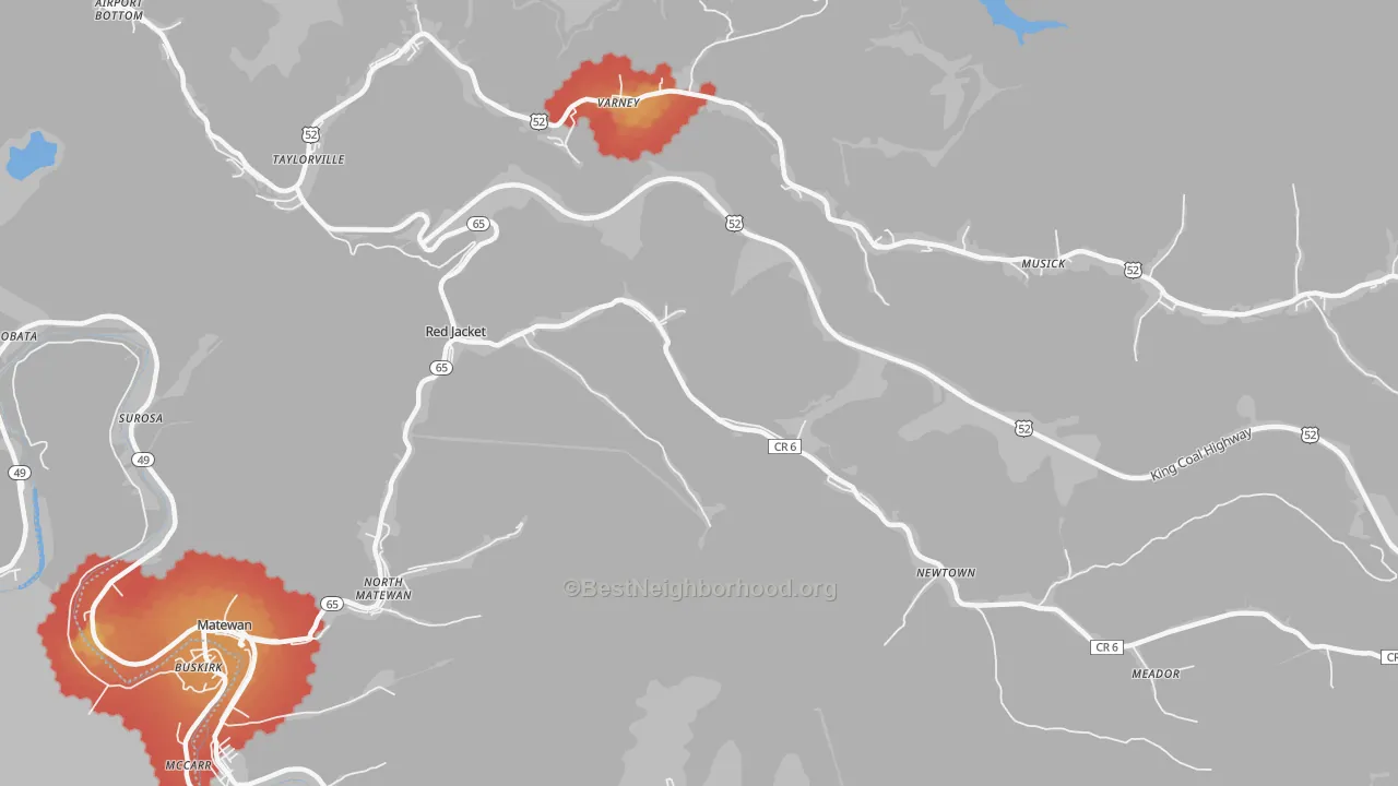 Walk Grade map of 25692, WV, walkable areas in green and car-dependent areas in red
