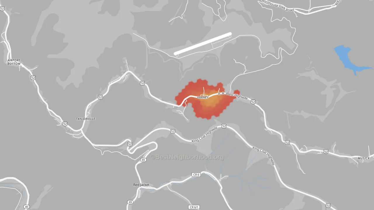 Walk Grade map of 25696, WV, walkable areas in green and car-dependent areas in red
