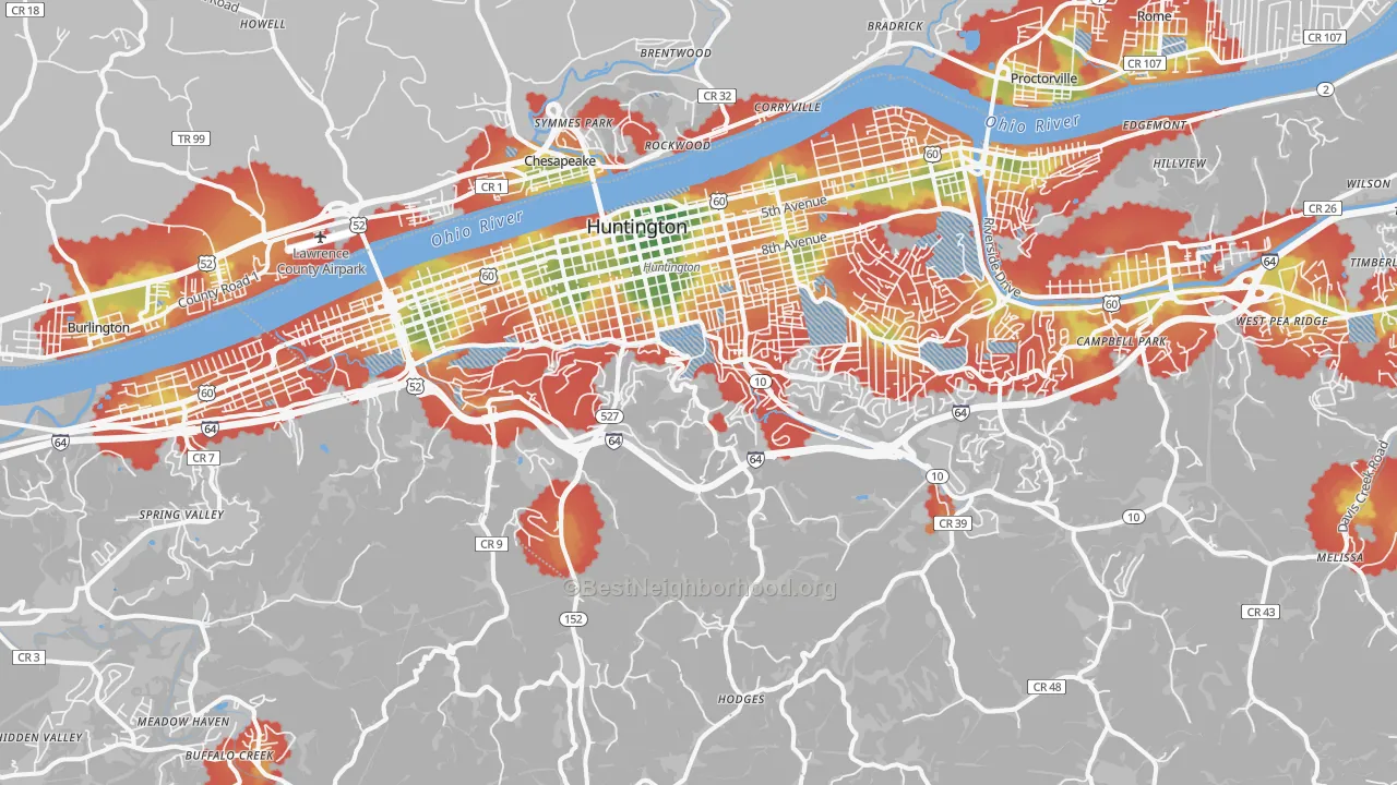 Walk Grade map of 25701, WV, walkable areas in green and car-dependent areas in red
