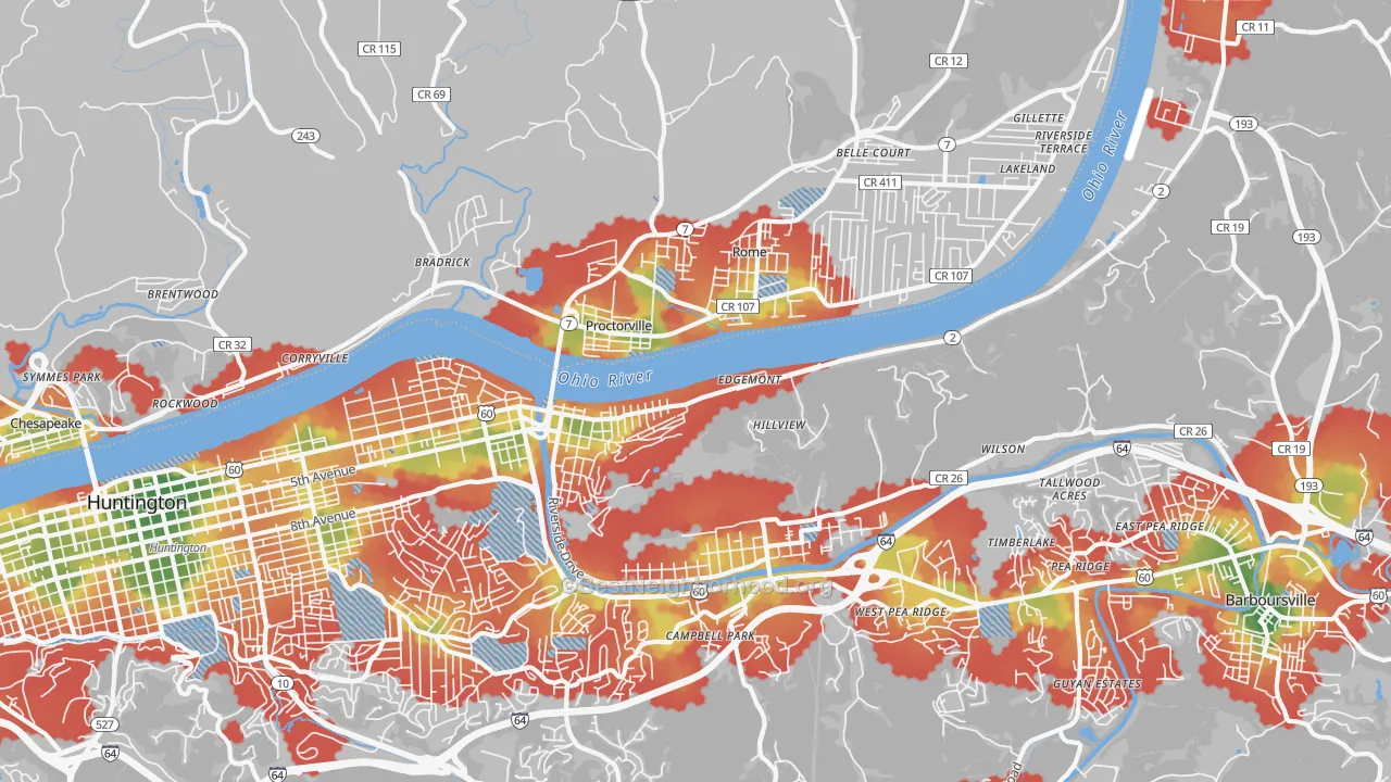 Walk Grade map of 25702, WV, walkable areas in green and car-dependent areas in red