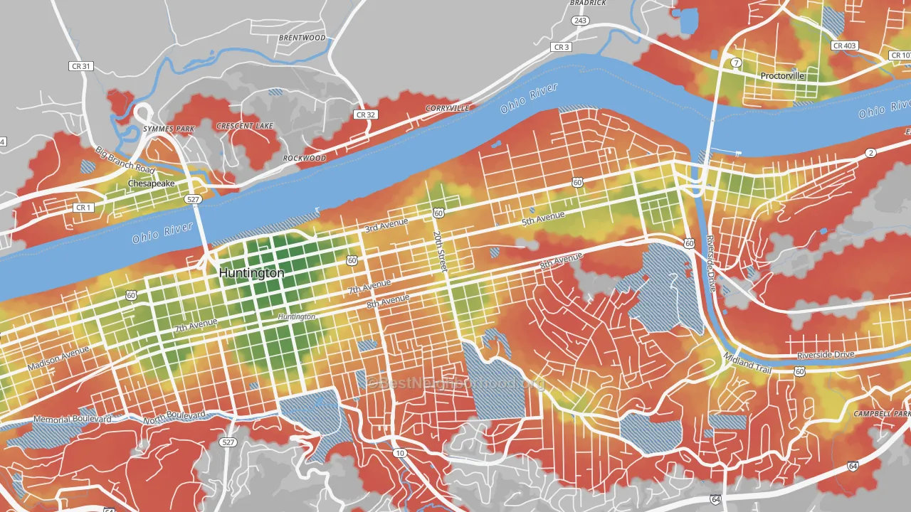Walk Grade map of 25703, WV, walkable areas in green and car-dependent areas in red