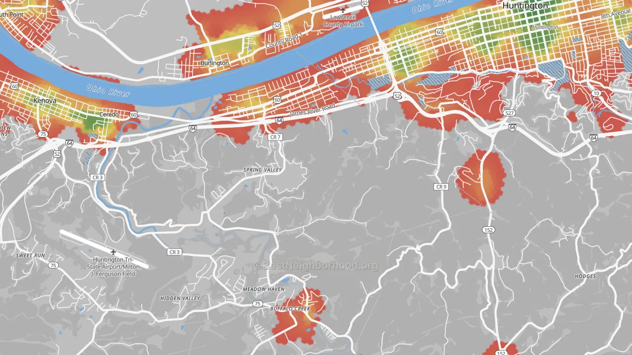 Walk Grade map of 25704, WV, walkable areas in green and car-dependent areas in red