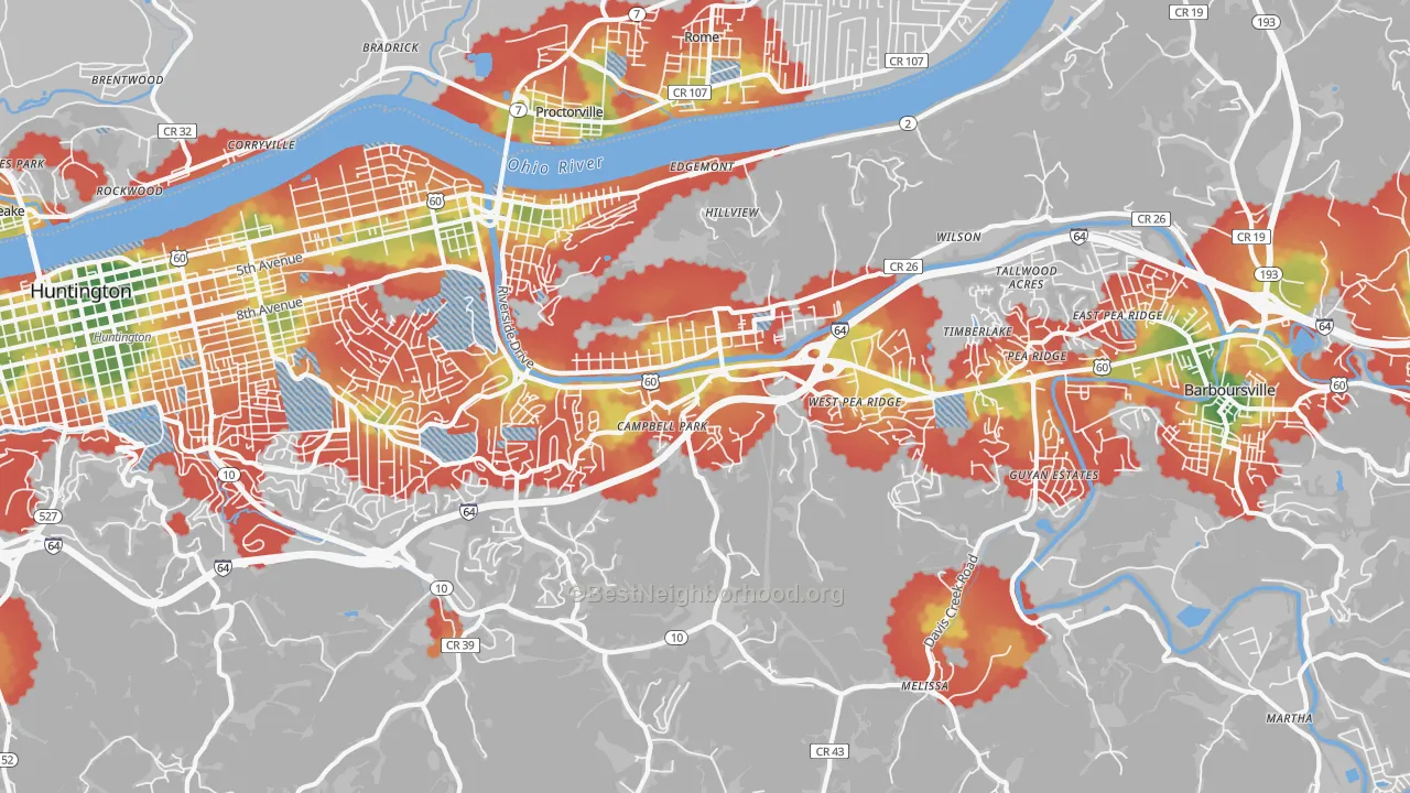 Walk Grade map of 25705, WV, walkable areas in green and car-dependent areas in red