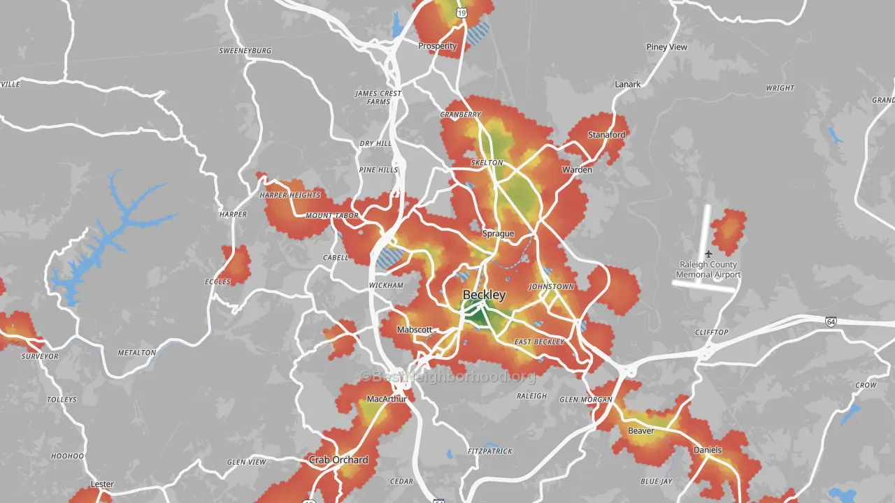 Walk Grade map of 25801, WV, walkable areas in green and car-dependent areas in red
