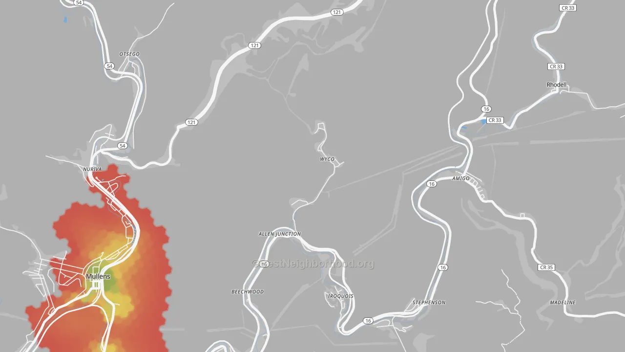 Walk Grade map of 25810, WV, walkable areas in green and car-dependent areas in red