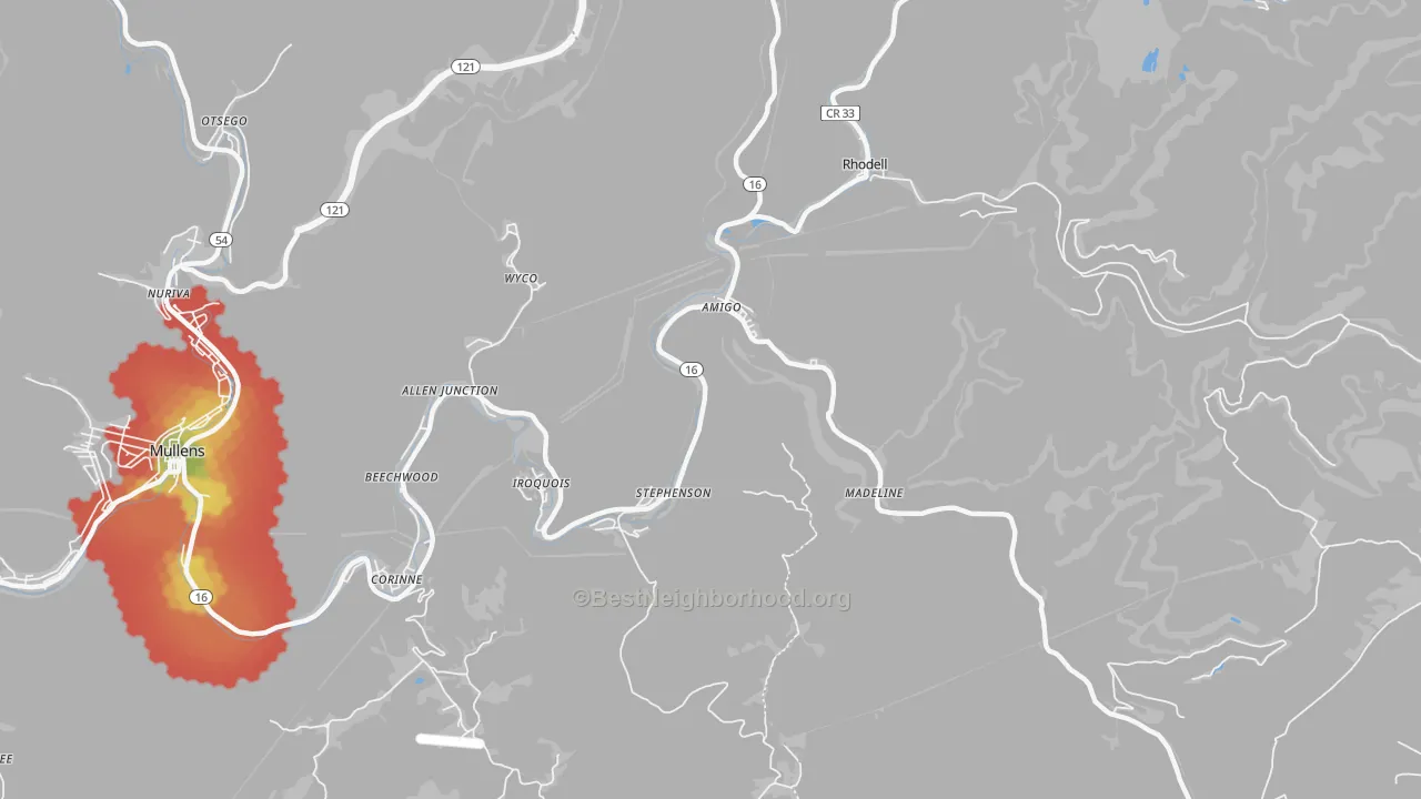 Walk Grade map of 25811, WV, walkable areas in green and car-dependent areas in red