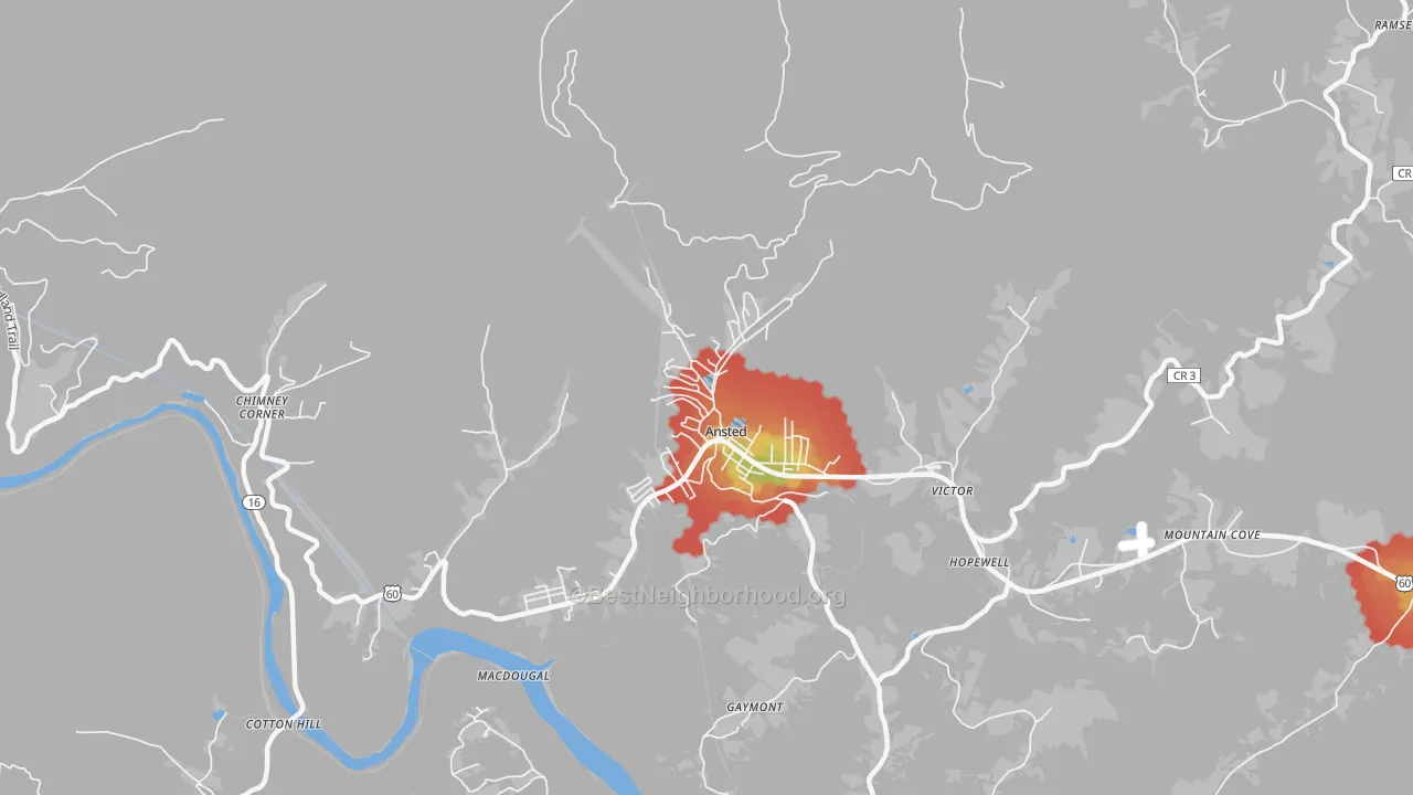 Walk Grade map of 25812, WV, walkable areas in green and car-dependent areas in red
