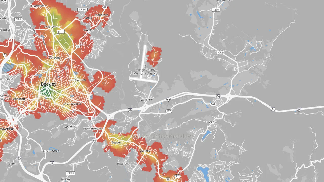 Walk Grade map of 25813, WV, walkable areas in green and car-dependent areas in red