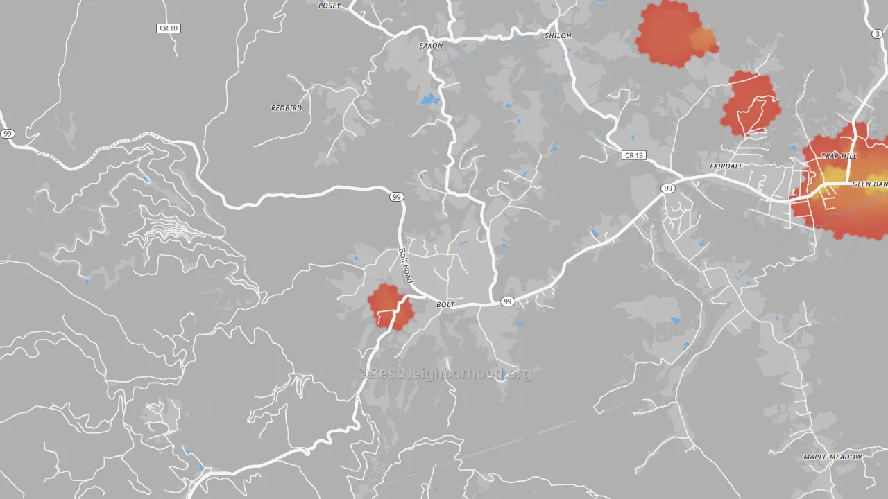 Walk Grade map of 25817, WV, walkable areas in green and car-dependent areas in red