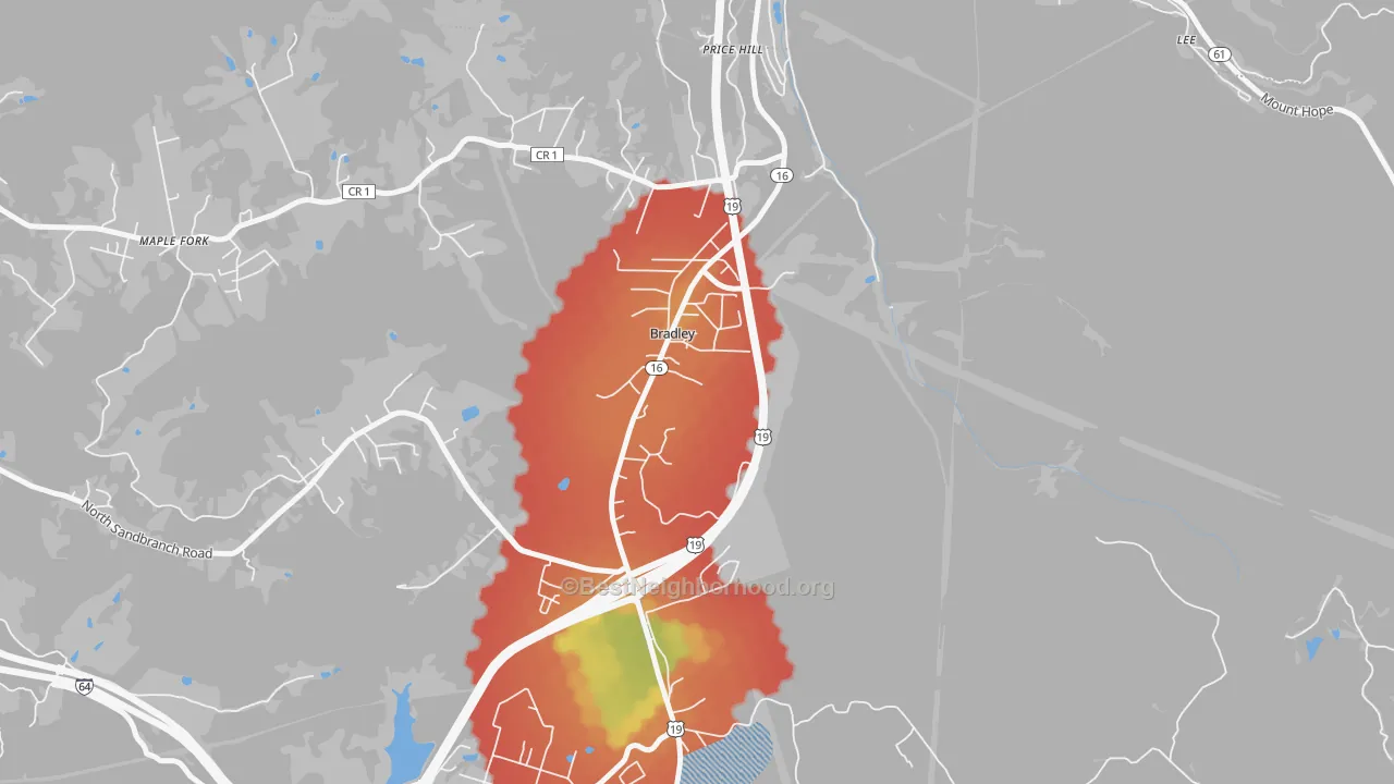 Walk Grade map of 25818, WV, walkable areas in green and car-dependent areas in red