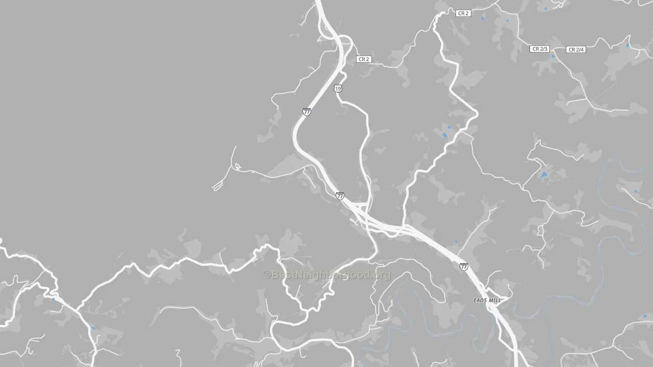 Walk Grade map of 25820, WV, walkable areas in green and car-dependent areas in red