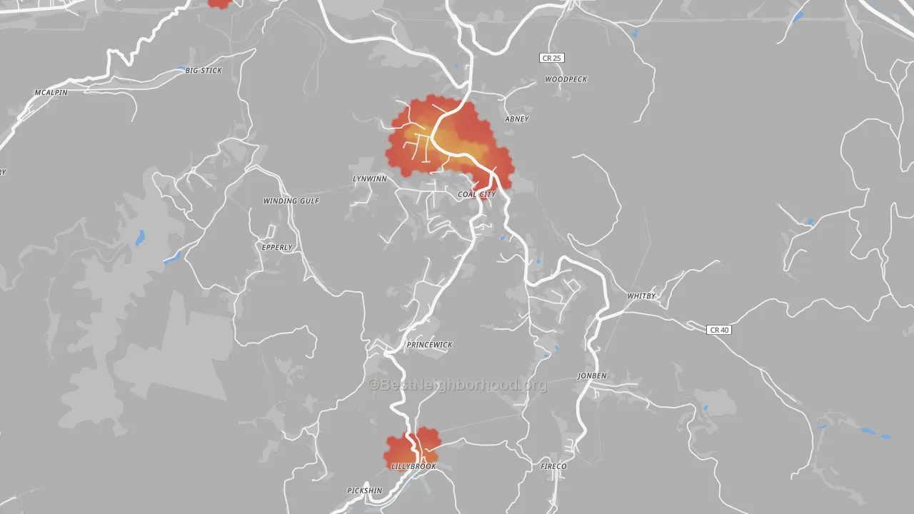 Walk Grade map of 25823, WV, walkable areas in green and car-dependent areas in red